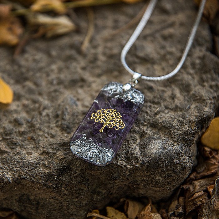 Pandantiv orgonic “Mahari” din pietre semipretioase de Ametist cu lant Snake din inox si simbol sacru Copacul Vietii, 3.5 cm [7]