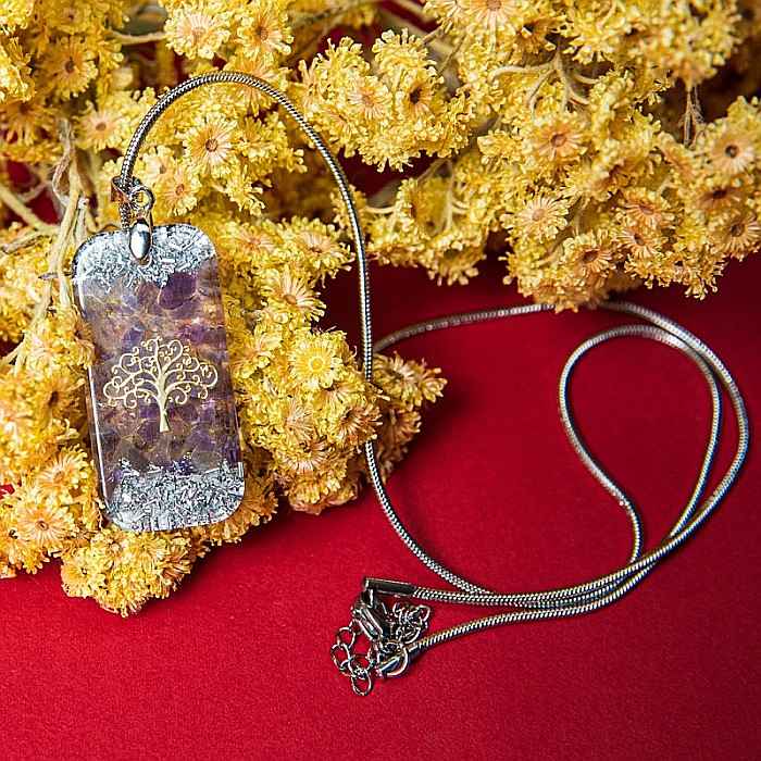 Pandantiv orgonic “Mahari” din pietre semipretioase de Ametist cu lant Snake din inox si simbol sacru Copacul Vietii, 3.5 cm [5]