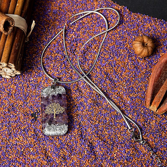 Pandantiv orgonic “Mahari” din pietre semipretioase de Ametist cu lant Snake din inox si simbol sacru Copacul Vietii, 3.5 cm [3]