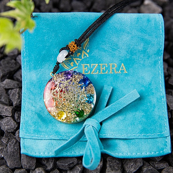 Pandantiv orgonic ”VIVIAN” 7 Chakre din Piatra Luminoasa, Foite de Cupru, Minerale de Zircon cu simbol Sri Yantra, 3.6cm [6]