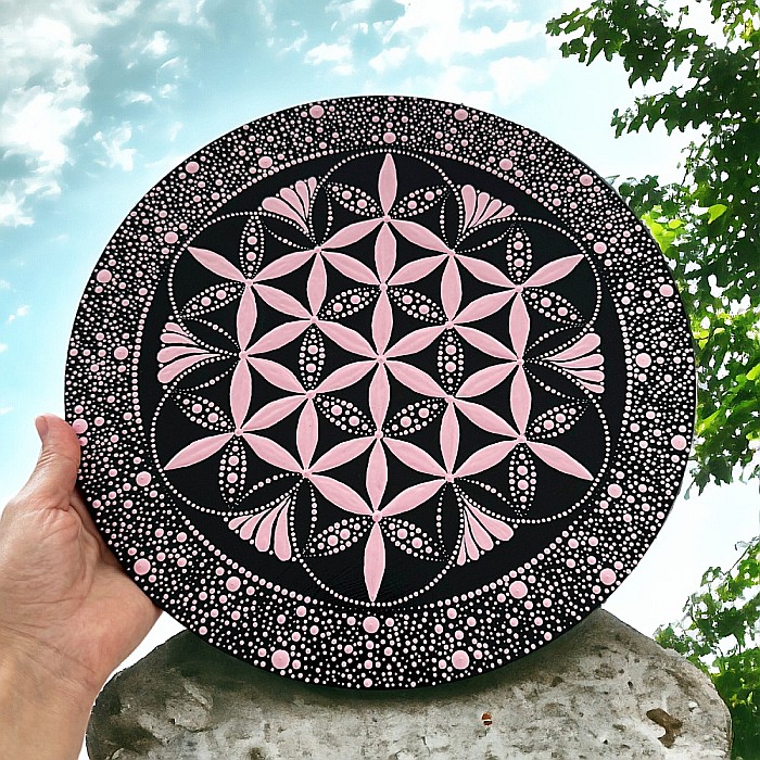 Pictura Floarea Vietii Model Unicat realizat in culori acrilice pe suport de lemn de 30 cm [4]