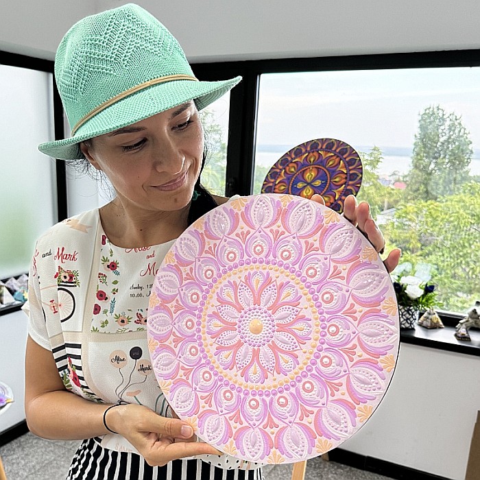 Pictura Mandala Unicat in nuante de Roz, Mov si Piersica pe suport de lemn, 30 cm [2]