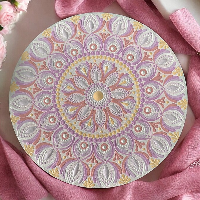 Pictura Mandala Unicat in nuante de Roz, Mov si Piersica pe suport de lemn, 30 cm [4]