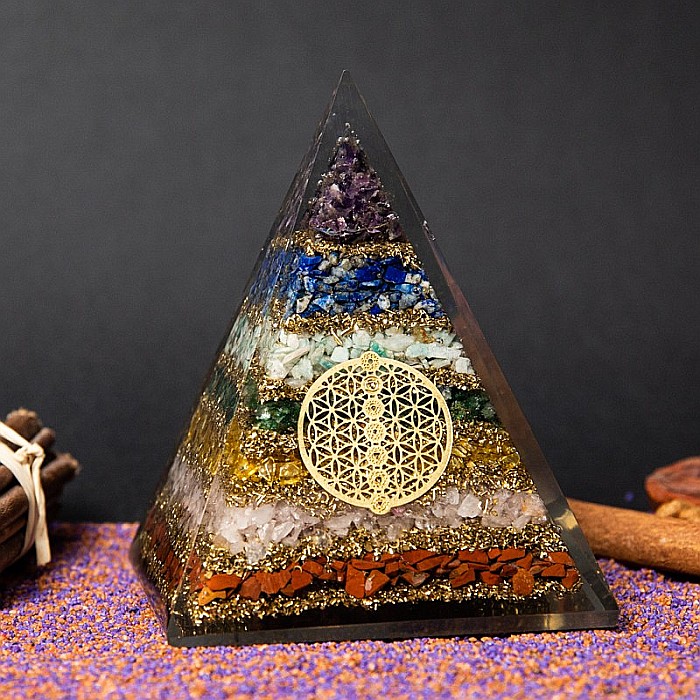 Piramida energetica orgonica Zaina, din pietre semipretioase 7 Chakre cu Simbol Floarea Vietii [2]