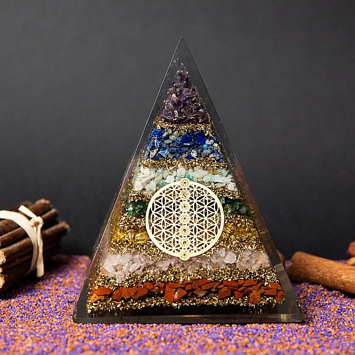 Piramida energetica orgonica Zaina, din pietre semipretioase 7 Chakre cu Simbol Floarea Vietii [6]