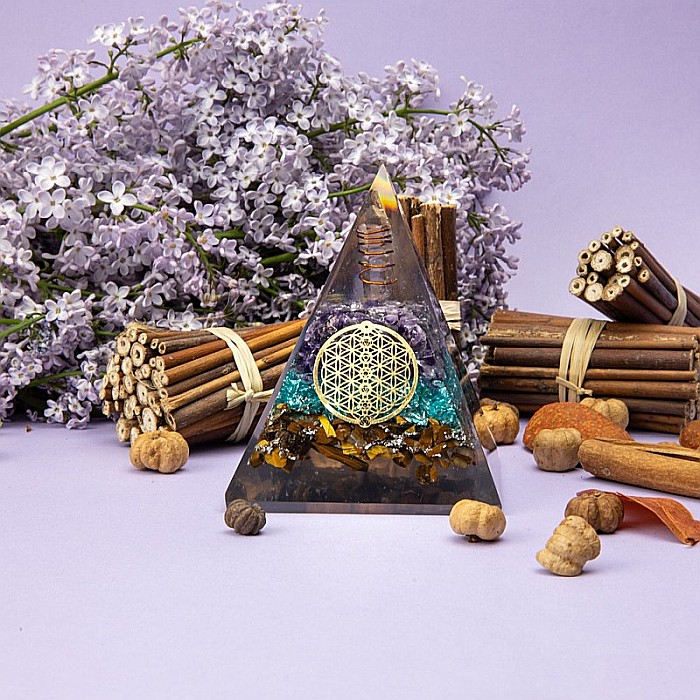 Piramida Orgonica Oseye din Pietre Semipretioase din Ochi de Tigru, Cristale de Acvamarin, Ametist si Simbol Floarea Vietii [4]