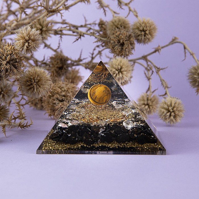 Piramida Orgonica Tiger cu Cristal de Obsidian, Cuart Alb, Praf de Cupru si Spirale de Cupru [5]