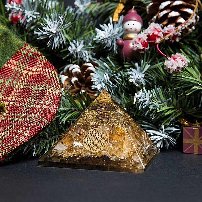 Piramida abundentei Orgonit, Drava, din pietre semipretioase de Citrin, cu simbol Floarea Vietii si Varf de Cristal Vibrational [6]