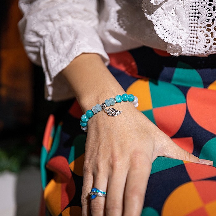 Sandrina, bratara dama handmade pietre semipretioase de Amazonit si Morganite cu charm frunza [4]