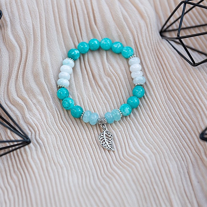 Sandrina, bratara dama handmade pietre semipretioase de Amazonit si Morganite cu charm frunza [6]