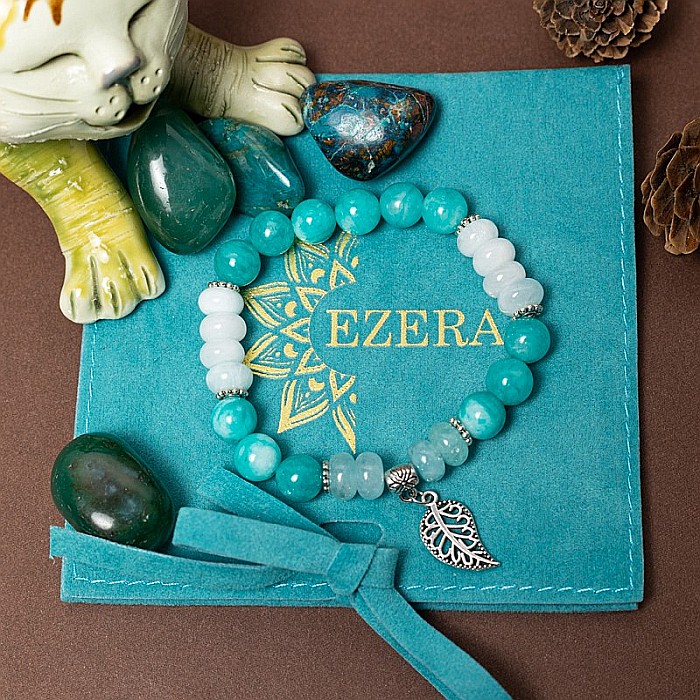 Sandrina, bratara dama handmade pietre semipretioase de Amazonit si Morganite cu charm frunza [7]