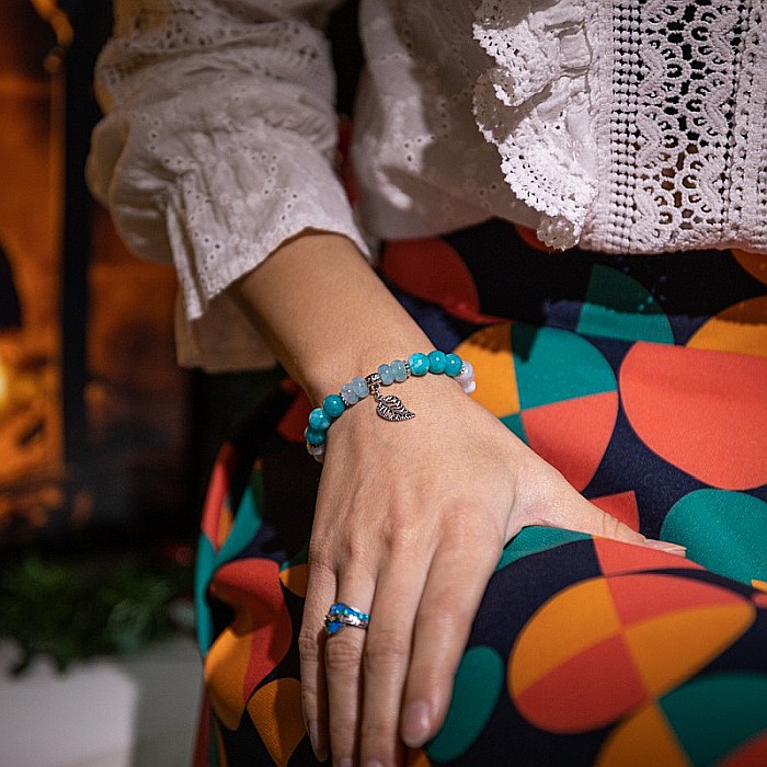 Sandrina, bratara dama handmade pietre semipretioase de Amazonit si Morganite cu charm frunza [2]