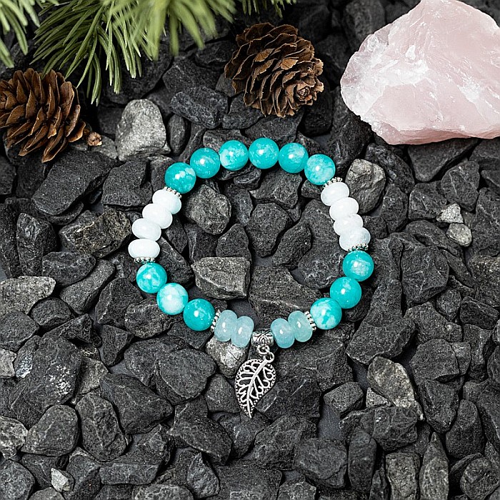 Sandrina, bratara dama handmade pietre semipretioase de Amazonit si Morganite cu charm frunza [1]