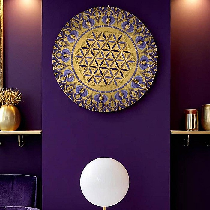 Serenitate Regala_Tablou Mandala Pictat Manual in culori regale auriu-mov, 40 cm [6]