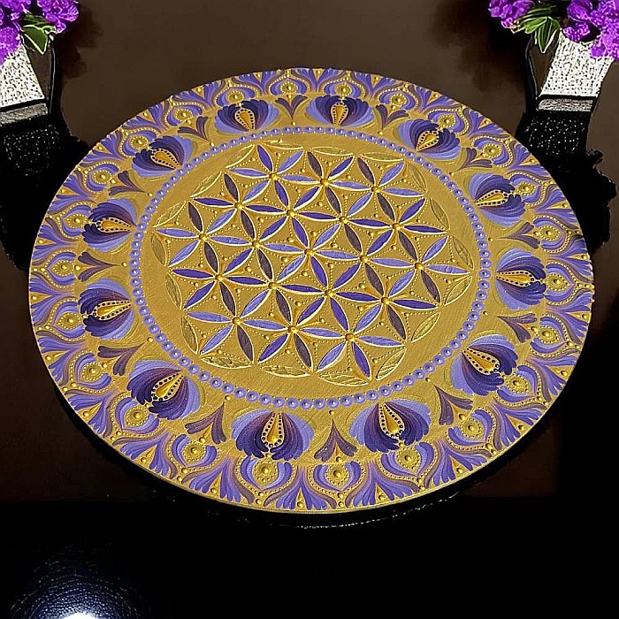 Serenitate Regala_Tablou Mandala Pictat Manual in culori regale auriu-mov, 40 cm [5]