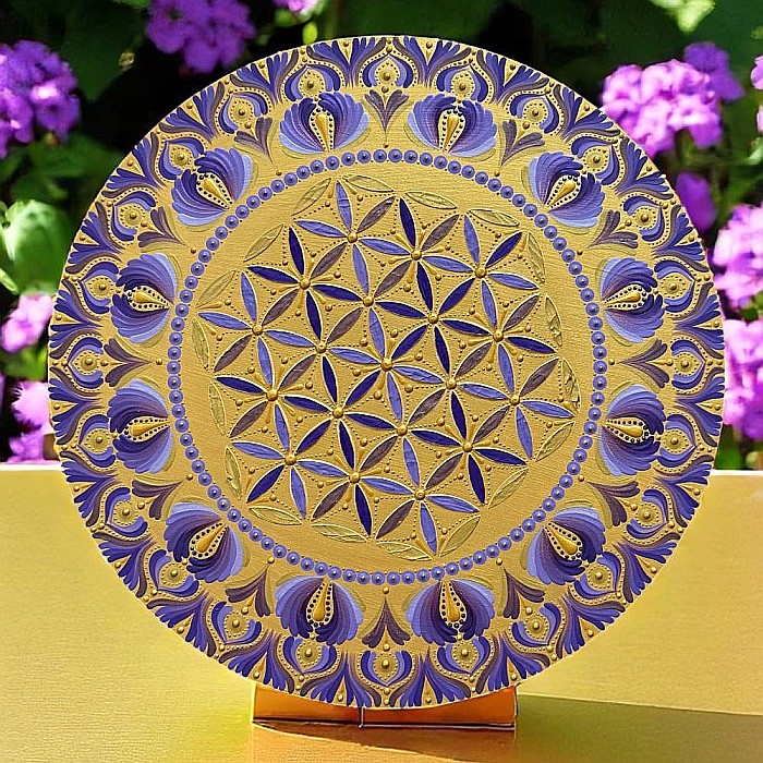 Serenitate Regala_Tablou Mandala Pictat Manual in culori regale auriu-mov, 40 cm [2]