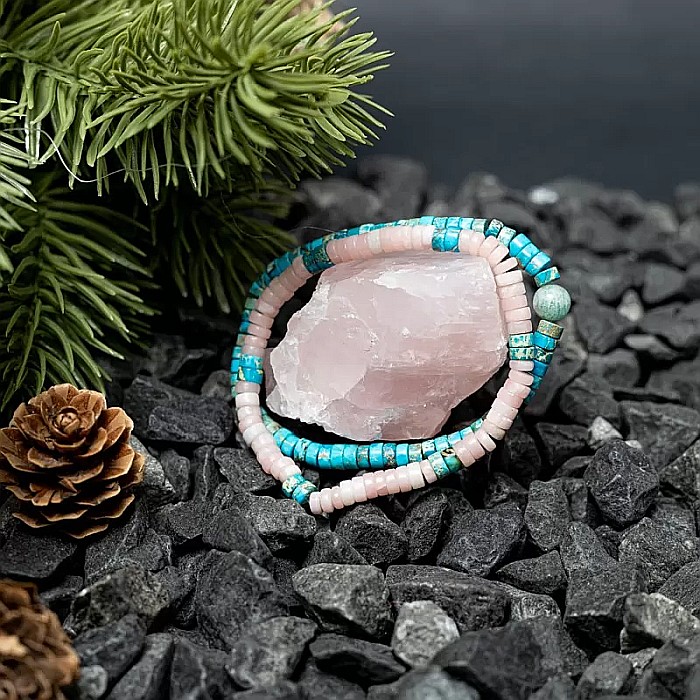 Set 2 bratari handmade Krishna dama din pietre naturale de Turcoaz Sediment Marin si Jasp Roz [13]