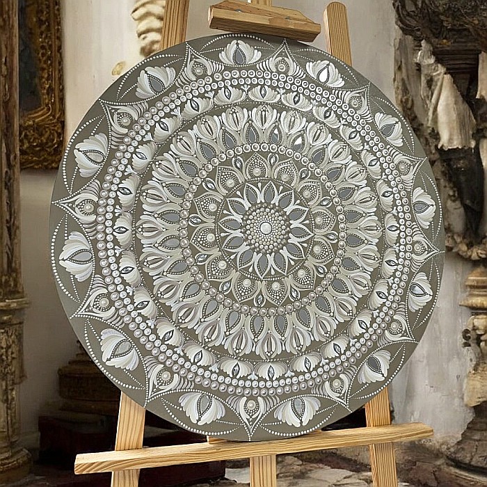 Stralucirea Echilibrului- Tablou Mandala Unicat Pictat Manual în culori acrilice cu oglinzi, 60 cm [1]