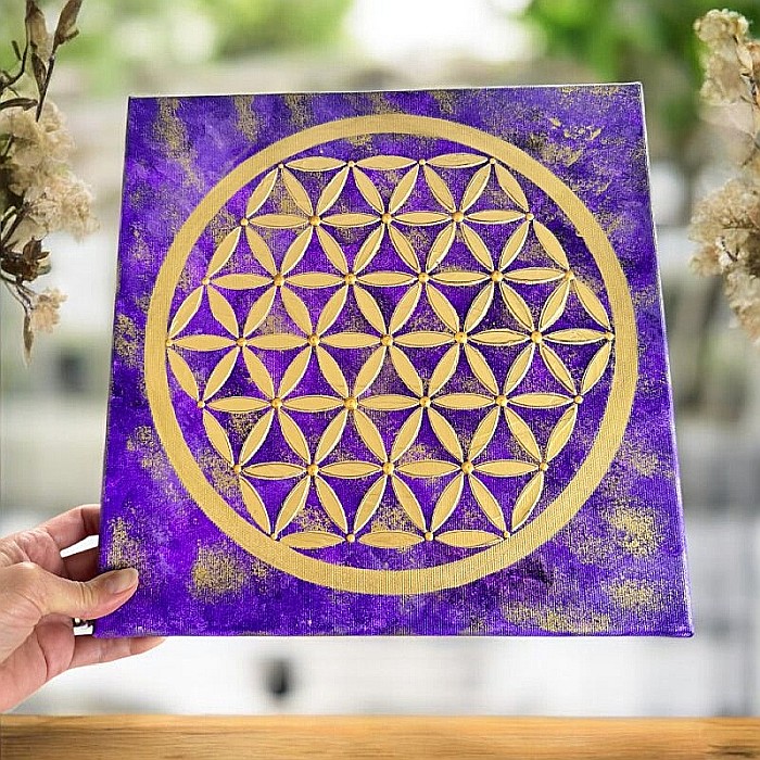 Tablou handmade Floarea Vietii in nuante de mov regal si auriu, pe Canvas – Conexiune profunda cu spiritualitatea [1]