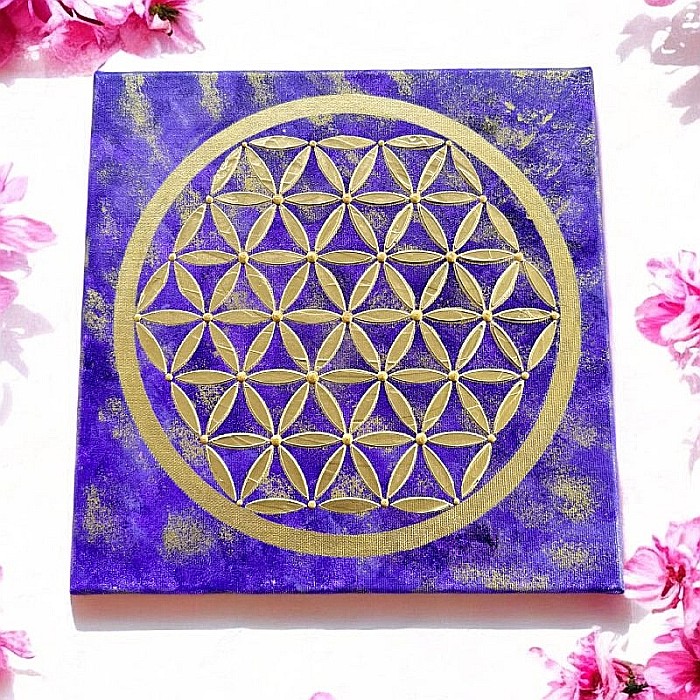 Tablou handmade Floarea Vietii in nuante de mov regal si auriu, pe Canvas – Conexiune profunda cu spiritualitatea [2]