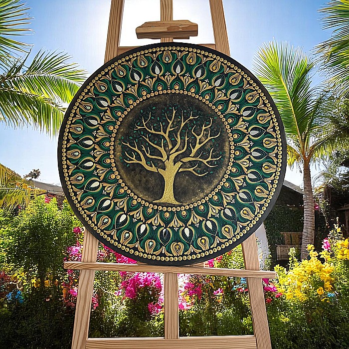 Tablou Mandala Copacul Vietii pe suport de lemn cu oglinzi, in nuante auriu-verde, 60 cm [3]