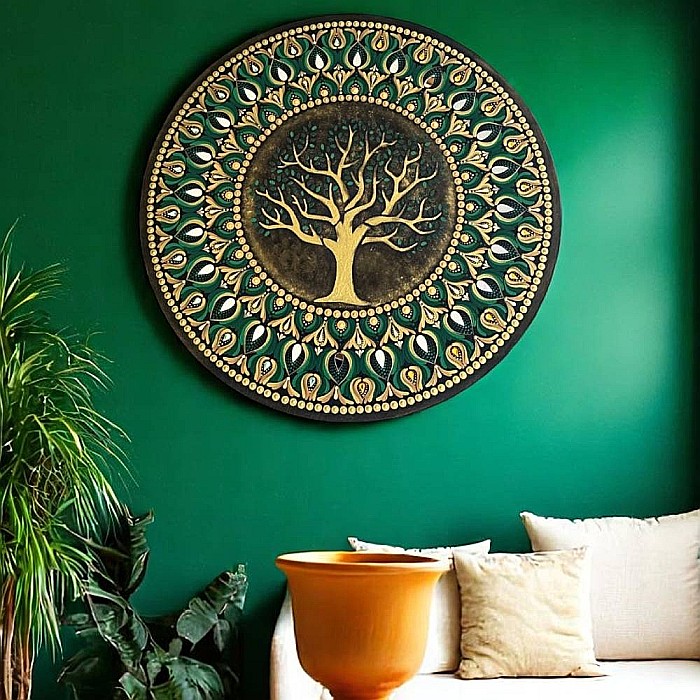 Tablou Mandala Copacul Vietii pe suport de lemn cu oglinzi, in nuante auriu-verde, 60 cm [2]