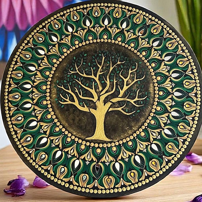 Tablou Mandala Copacul Vietii pe suport de lemn cu oglinzi, in nuante auriu-verde, 60 cm [4]