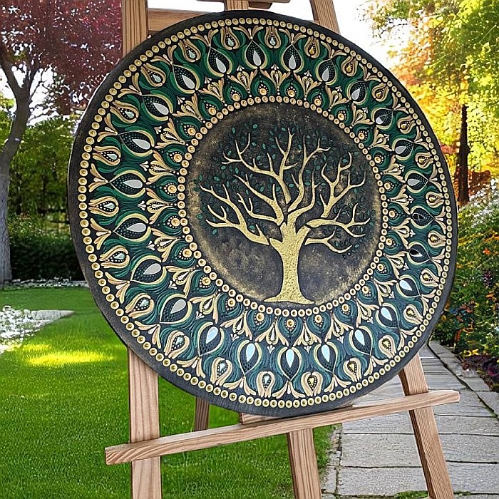 Tablou Mandala Copacul Vietii pe suport de lemn cu oglinzi, in nuante auriu-verde, 60 cm [5]