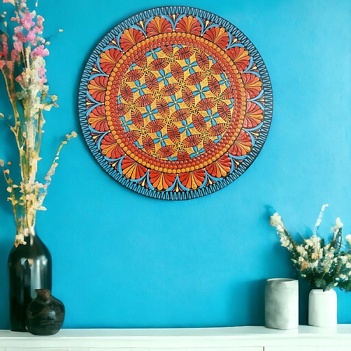 Tablou Mandala Flame pictat manual pe lemn, model unicat [4]