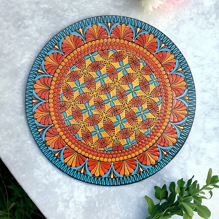 Tablou Mandala Flame pictat manual pe lemn, model unicat [5]