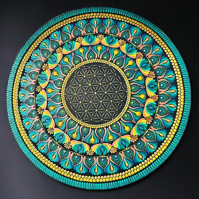 Tablou Mandala handmade unicat cu Floarea Vietii, realizat pe suport de lemn de 60 cm [4]