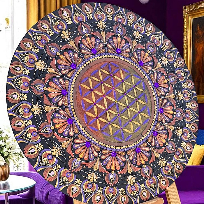Tablou Mandala pictat manual cu Floarea Vietii in nuante de auriu, mov, cupru, 60 cm [5]