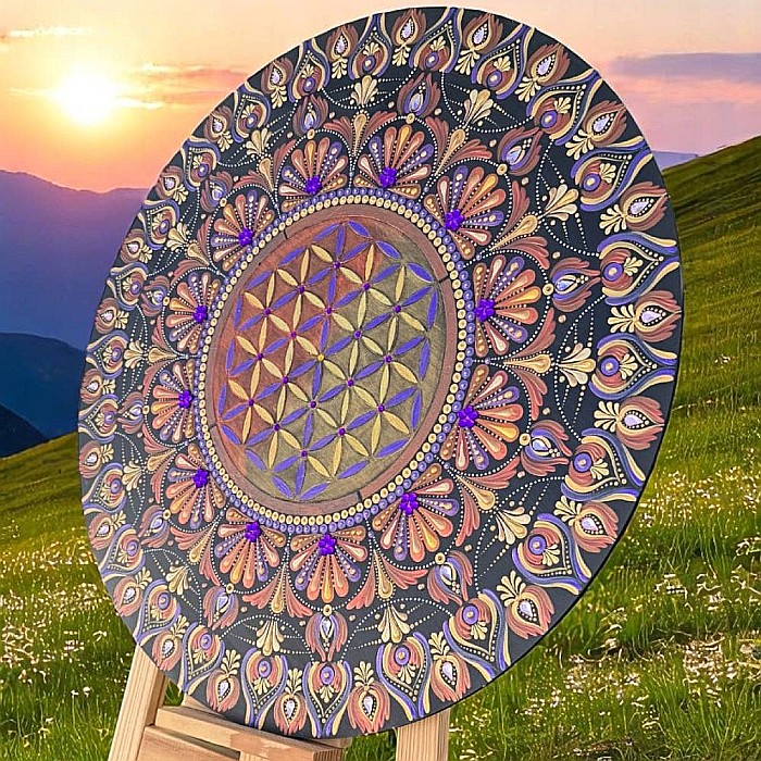Tablou Mandala pictat manual cu Floarea Vietii in nuante de auriu, mov, cupru, 60 cm [6]