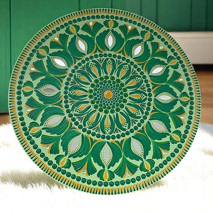 Tablou Mandala pictat manual in culori verzi cu galben ocru si oglinzi, 40 cm [4]