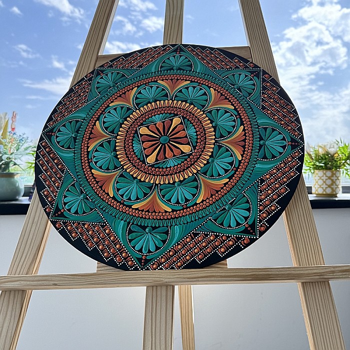 Tablou Mandala Unicat pictat manual în culori acrilice cu vibratie puternica, 40 cm [4]