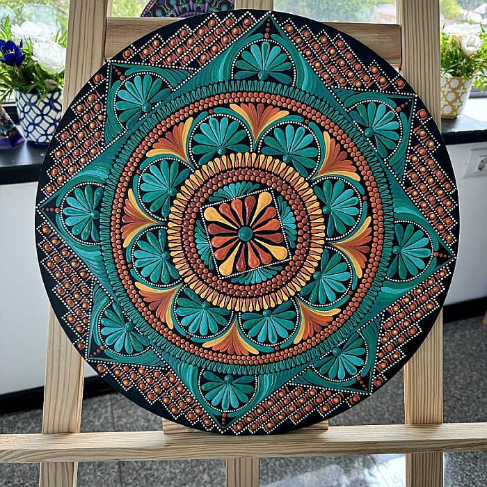 Tablou Mandala Unicat pictat manual în culori acrilice cu vibratie puternica, 40 cm [2]