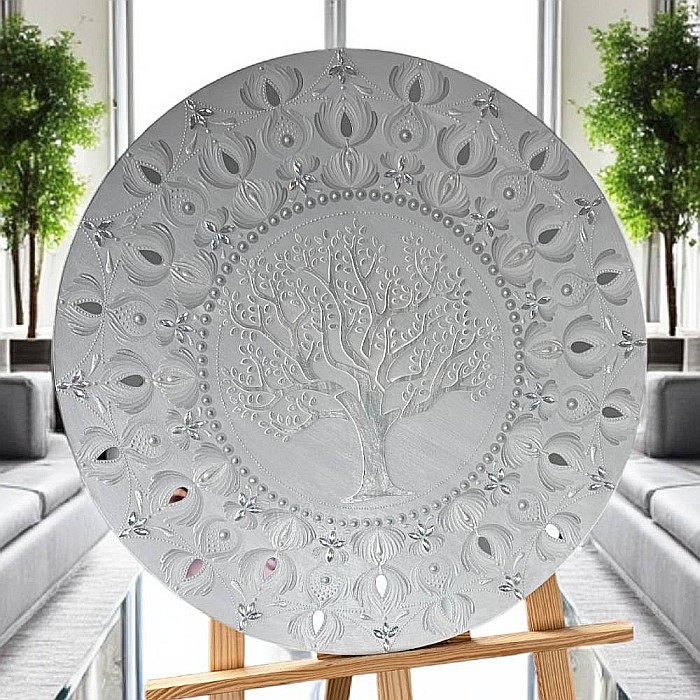Tablou Mandala Unicat pictat manual in culori alb-gri-argintiu, cu Copacul Vietii si oglinzi, 60 cm [1]