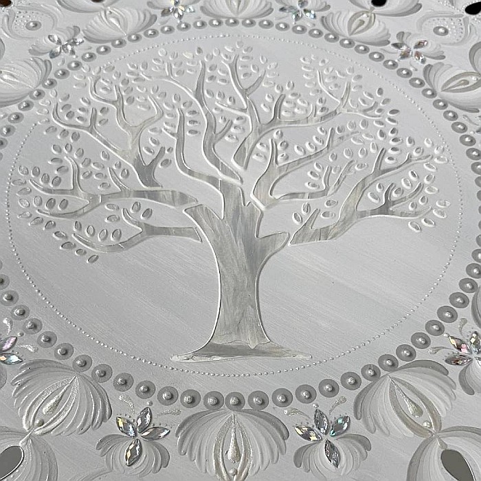 Tablou Mandala Unicat pictat manual in culori alb-gri-argintiu, cu Copacul Vietii si oglinzi, 60 cm [2]