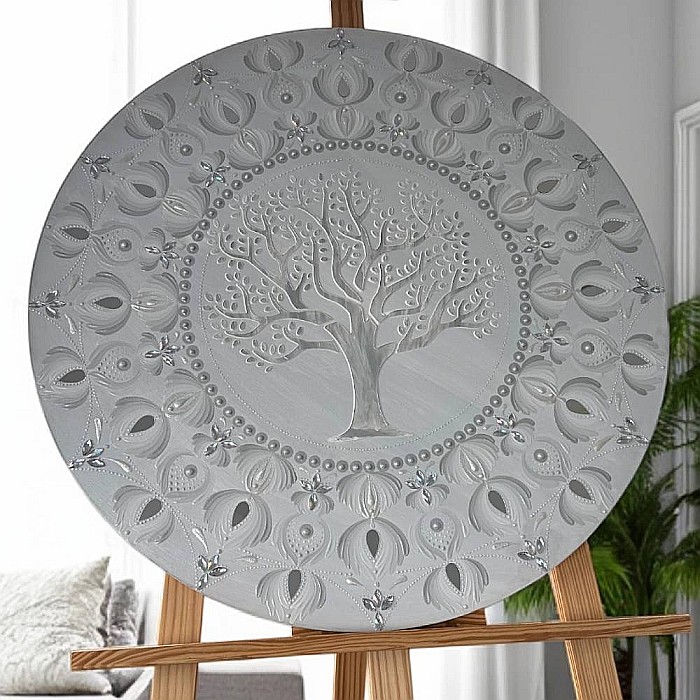 Tablou Mandala Unicat pictat manual in culori alb-gri-argintiu, cu Copacul Vietii si oglinzi, 60 cm [4]