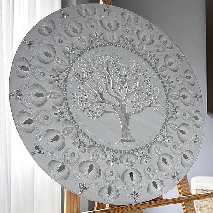 Tablou Mandala Unicat pictat manual in culori alb-gri-argintiu, cu Copacul Vietii si oglinzi, 60 cm [8]
