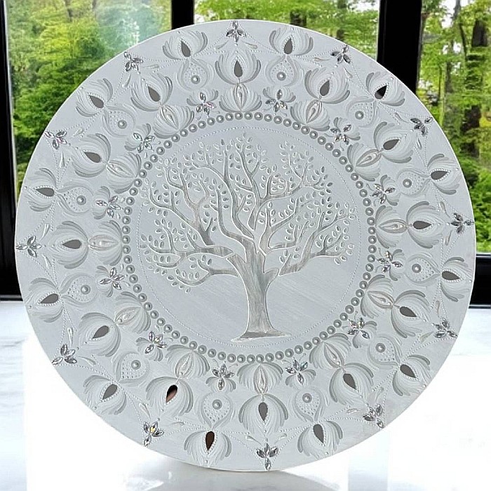 Tablou Mandala Unicat pictat manual in culori alb-gri-argintiu, cu Copacul Vietii si oglinzi, 60 cm [3]