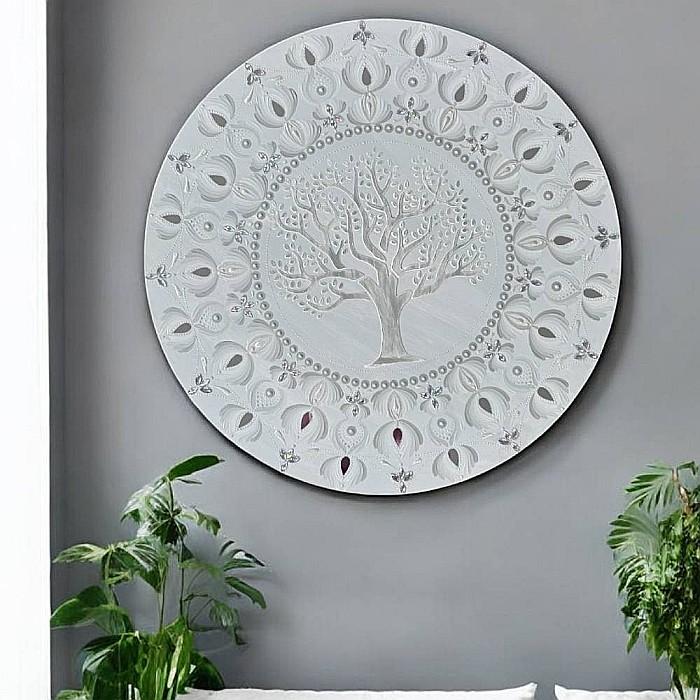 Tablou Mandala Unicat pictat manual in culori alb-gri-argintiu, cu Copacul Vietii si oglinzi, 60 cm [6]