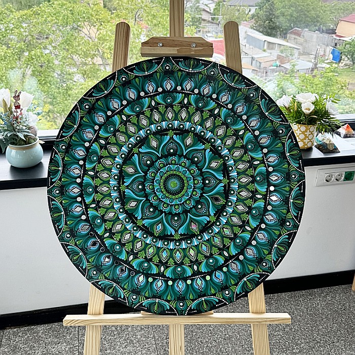 Tablou Mandala Unicat pictat manual in tehnica punctului, cu oglinzi, verde-albastru, 60 cm [5]