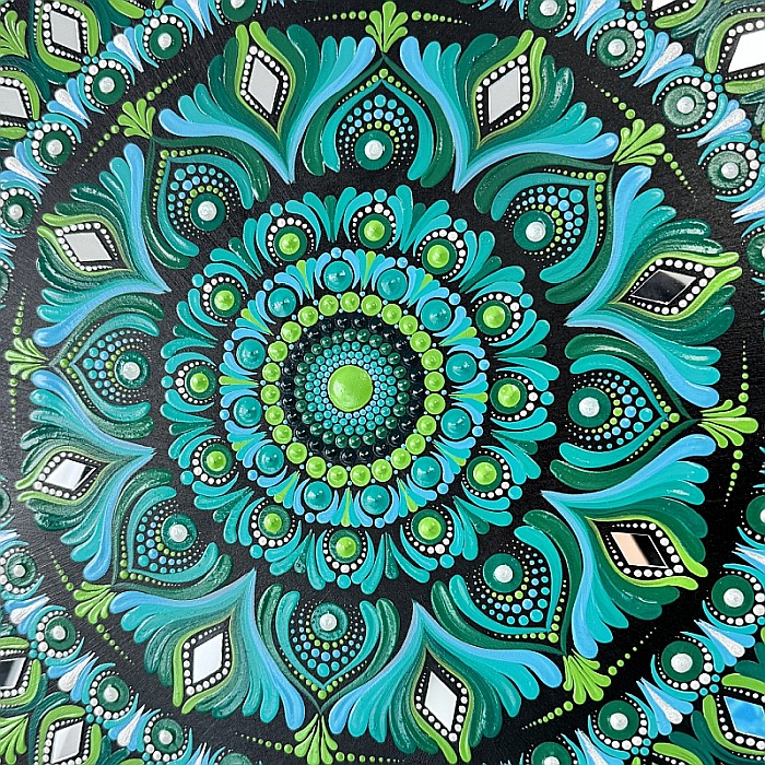 Tablou Mandala Unicat pictat manual in tehnica punctului, cu oglinzi, verde-albastru, 60 cm [3]