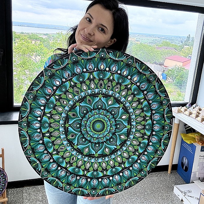 Tablou Mandala Unicat pictat manual in tehnica punctului, cu oglinzi, verde-albastru, 60 cm [2]