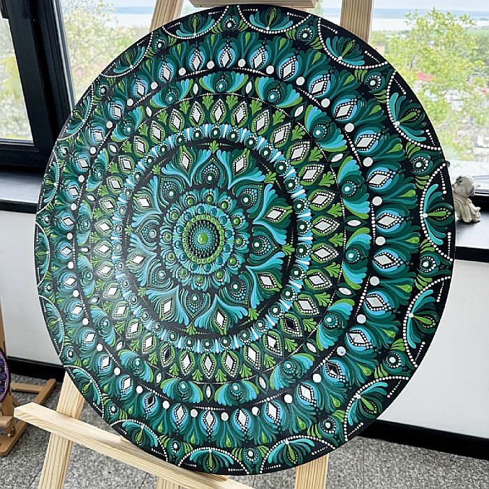 Tablou Mandala Unicat pictat manual in tehnica punctului, cu oglinzi, verde-albastru, 60 cm [4]