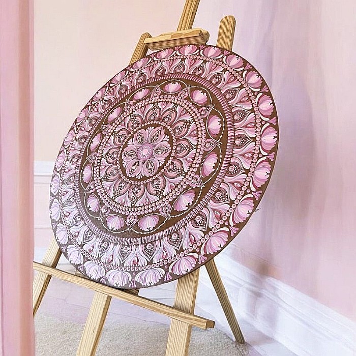 Tablou Mandala Unicat 'Serenitate in Roz' pictat manual pe suport de lemn de 60 cm [2]