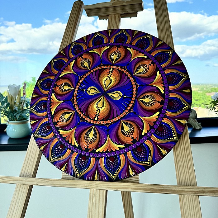 Tablou Purple Mandala Unicat pictat in tehnica punctului pe suport de lemn [3]