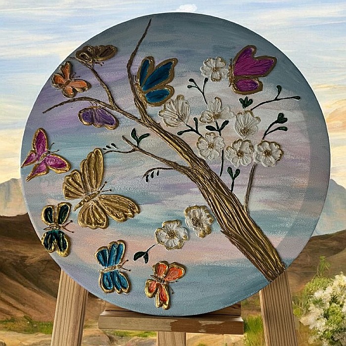 Tablou unicat pictat manual 'Fluturi in Copacul Inflorit', pe canvas- 40 cm [2]