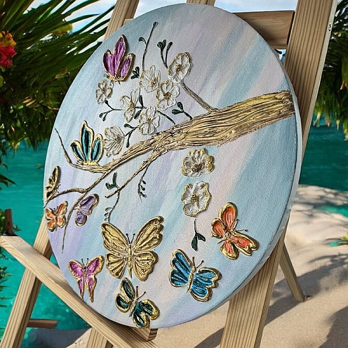 Tablou unicat pictat manual 'Fluturi in Copacul Inflorit', pe canvas- 40 cm [5]